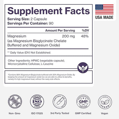 Pure Magnesium Glycinate Supplement – Highly Absorbable Chelated Magnesium to Support Sleep, Muscle & Nerve Health, Energy, Relaxation & Bone Health – 200mg Per Serving, 180 Capsules