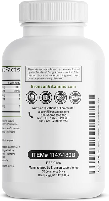 Bronson L-Lysine Defense Immune Support Complex 1500 MG L-Lysine Plus Olive Leaf, Garlic, Vitamin C and Zinc - Non-GMO, 180 Vegetarian Capsules