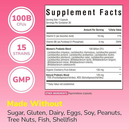 Probiotics for Women 100 Billion CFU 15 Strains, Daily Probiotic & Prebiotic Supplement with Organic Cranberry to Support Vaginal, Digestive, Immune Health, Shelf Stable, 30 Vegan Capsules