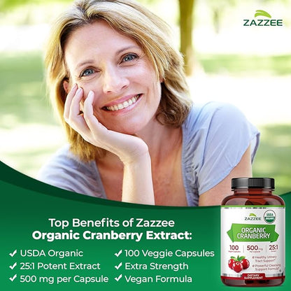 Zazzee USDA Organic Cranberry 25:1 Extract, 500 mg per Capsule, 100 Vegan Capsules, 3+ Month Supply, Certified Kosher, Vaccinium Macrocarpon, Urinary Tract & Bladder Support, Non-GMO, Made in the USA