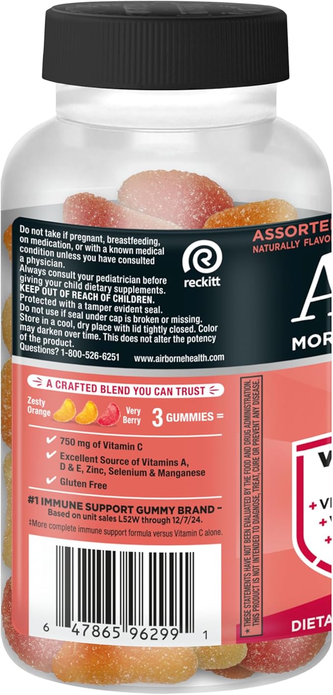 Vitamin C 750mg (per Serving) - Airborne Assorted Fruit Flavored Gummies (63 Count in a Bottle), Gluten-Free Immune Support Supplement with Vitamins A C E, Selenium, Echinacea & Ginger