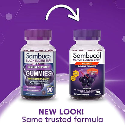 Sambucol Elderberry Gummies - Immune Support Supplement for Adults & Kids with Vitamin C & Zinc, Sambucol Elderberry are High in Antioxidants, Gluten Free, Vegan - 90 Count
