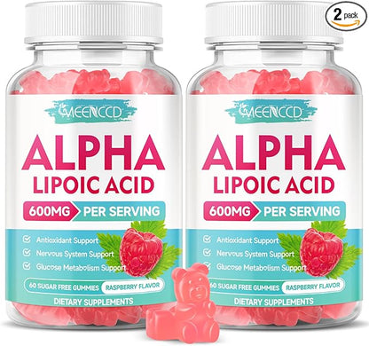 MEENCCD 2 Pack Alpha Lipoic Acid Gummies 600mg - ALA Supplement for Antioxidant Support, Vegan, Sugar-Free, Raspberry Flavor, 120 Count