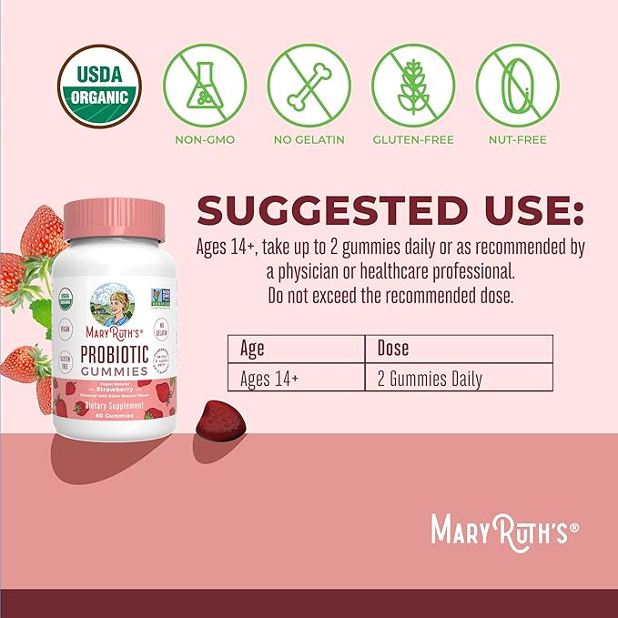 MARYRUTH'S USDA Organic Probiotic Gummies Probiotic Digestive Support | Immune Support | Digestive & Gut Health Supplement | 5 Billion CFU | Vegan | Non-GMO | Gluten Free | 60 Count