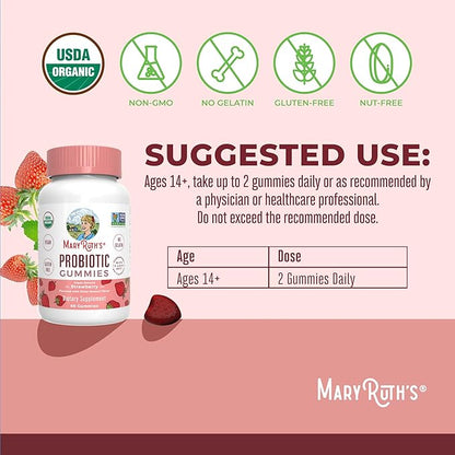 MARYRUTH'S USDA Organic Probiotic Gummies Probiotic Digestive Support | Immune Support | Digestive & Gut Health Supplement | 5 Billion CFU | Vegan | Non-GMO | Gluten Free | 60 Count