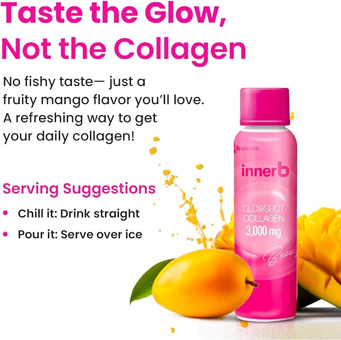 CJwellcare Innerb Glowshot Collagen (10.1 fl oz, 6 Servings) - Marine Liquid Collagen for Women, 3,000mg Collagen Peptides, Collagen Shots for High Absorption, Hair, Skin & Nails Supplement