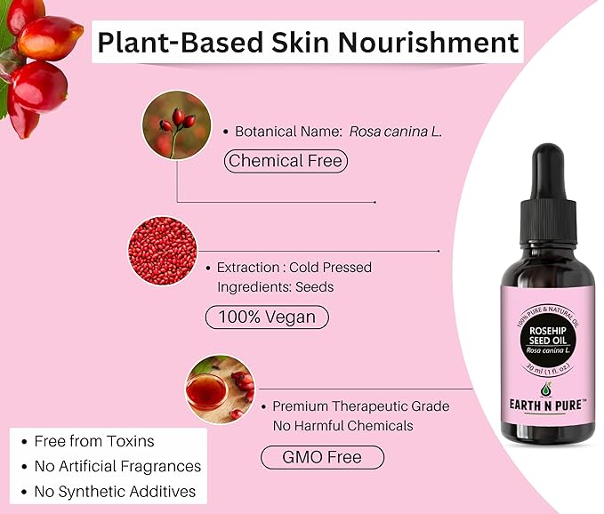Earth N Pure Rosehip Oil Cold Pressed, Natural and Therapeutic Grade for Face with Glass Dropper - 50 ml