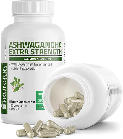 Bronson Ashwagandha Extra Strength Stress & Mood Support with BioPerine - Non GMO Formula, 120 Vegetarian Capsules
