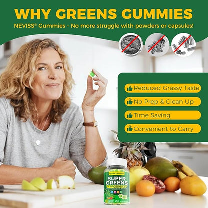 Organic Super Greens Daily Superfood Gummies + Probiotics, Spirulina, Chlorella Spinach Broccoli, Prebiotic Fiber, Mushroom -Rich in Vitamins & Antioxidants - Digestive, Focus, Energy, No Sugar, 60Cts