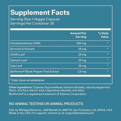 MDacne DIM Skin Clearing Supplements (30 Vegan Capsules) - for Acne Treatment, Estrogen Balance, Hormone Menopause Relief & Bodybuilding, Cruciferous Extract & Bioperine (30 Count (Pack of 1))