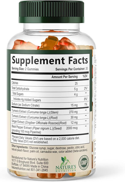 Turmeric Curcumin Supplement Gummies - 95% Curcuminoids with Turmeric & Ginger, Black Pepper for Best Absorption, Nature's Vegan Joint Support, Non-GMO, Gluten Free, Tasty Peach Flavor - 60 Gummies