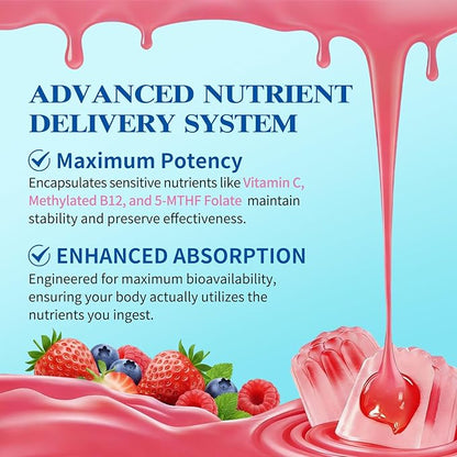 Methylated Multivitamin for Men and Women Gummies with Omega-3, D3 K2, Calcium, Methylfolate & B12, TMG, Mens & Womens Multivitamin Daily Vitamin A, C, E, B, Magnesium, CoQ10 for Daily Support, Vegan