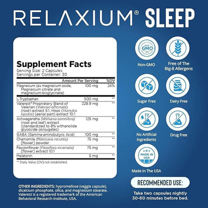 Relaxium Sleep Aid, Melatonin with Magnesium Glycinate, Valerest & Ashwagandha, Non-Habit Forming Sleep Supplement, 60 Vegan Capsules, 30-Day Supply