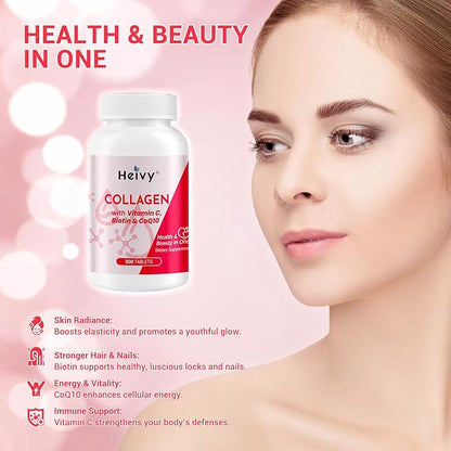 Heivy Natural Collagen 5000 mg with Vitamin C, Biotin and CoQ10,Hydrolyzed Collagen Peptides Supportment for Women & Men, Multi Collagen Pill for Hair, Skin, Nails, Joint, Grass Fed, 300 Tablets