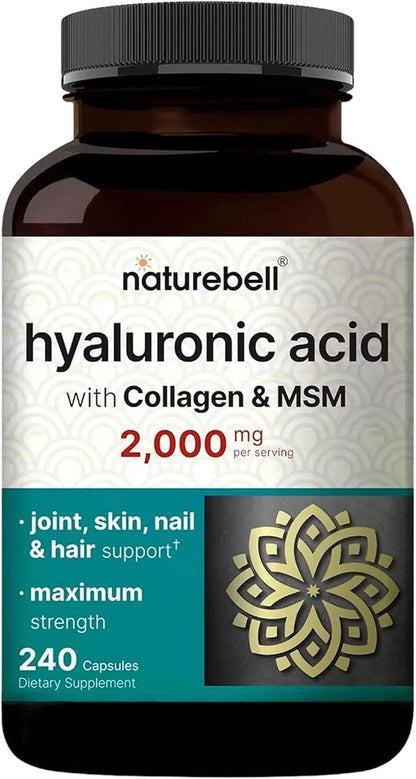NatureBell Hyaluronic Acid 2,000mg with Collagen & MSM - 240 Capsules - Skin Hydration, Hair, Nail & Joint Support - Water Soluble Formula for Easy Absorption* - Non-GMO & Gluten-Free