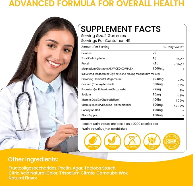 Magnesium Glycinate Gummies 1000mg, Sugar Free Magnesium Potassium Supplements Chewable for Adults with L-Threonate for Sleep, Body Support and Relaxation,90 Mango Pineapple Gummies
