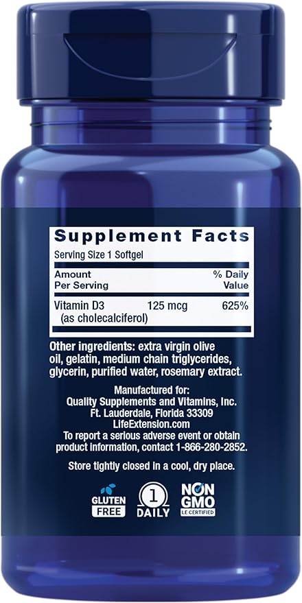 Life Extension Vitamin D3 125 mcg (5000 IU), Bone Health, Brain Performance, Immune System Support, Gluten-Free, Non-GMO, Once Daily, Two-Month Supply, 60 Softgels