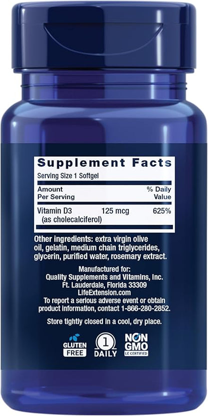 Life Extension Vitamin D3 125 mcg (5000 IU), Bone Health, Brain Performance, Immune System Support, Gluten-Free, Non-GMO, Once Daily, Two-Month Supply, 60 Softgels