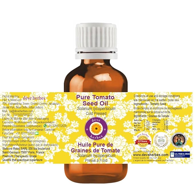 Deve Herbes Tomato Seed Oil (Solanum lycopersicum) | Cold Pressed | Pure | Natural | Undiluted | For Diluting Essential oils | For Skin & Massage | Non-Sticky| Lightweight| Men & Women | 5ml (0.16 oz)