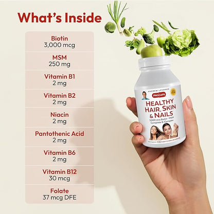 ANDREW LESSMAN Healthy Hair, Skin and Nails 240 Capsules - 3000 mcg High Bioactivity Biotin, B-Complex. Promotes Beautiful Skin, Strong Nails. No Additives Hair Growth Vitamins Biotin Supplement
