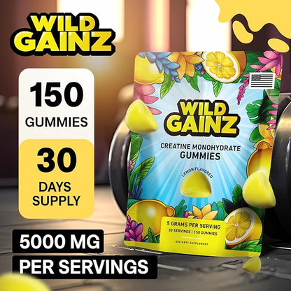 Creatine Monohydrate Gummies 5g - Made in USA - Pre Workout Creatine Chews for Women & Men, Vegan Creatine Gummy Candy, Chewable Nutritional Supplements, NSF Certified (Lemon, 150 Count)