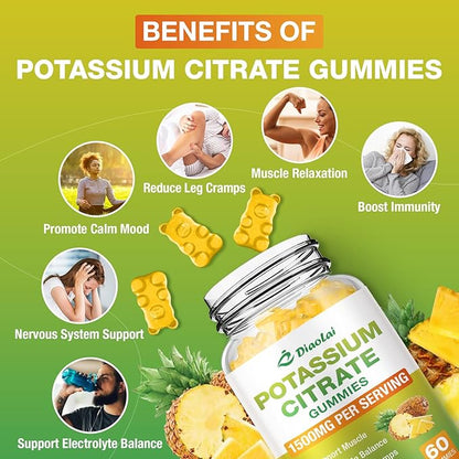 Potassium Citrate 1500mg Gummies - Potassium Supplement for Women & Men, Supports Leg Cramp Relief & Muscle Health, Vegan, Pineapple Flavor (60 Count)