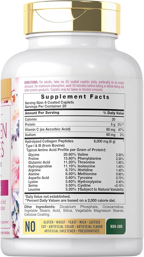 Carlyle Collagen Peptides with Vitamin C | 6000mg | 120 Caplets | Grass Fed Type II & III | Beauty Formula | Non-GMO, Gluten Free Supplement