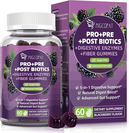 Migcopat Pre Post Probiotics Gummies, Probiotic Prebiotic Postbiotic Digestive Enzymes with Fiber, 120 Billion CFU Probiotics Complete Gut Support, Sugar Free, Vegan, BlackBerry Flavor, 60 Cts