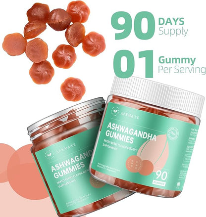 AFXMATE Ashwagandha Gummies for Women Sugar Free, Men's Ashwagandha Supplement Gummy with Vitamin D Magnesium Vegan (90 Counts)