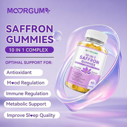 Saffron Gummies for Adult Kids, 10-IN-1 Cortisol Support Supplement with Saffron 88.5mg, Vitamin D3, B6, Magnesium, Zinc, Ashwagandha, L-Theanine, St. John's Wort, For Emotions, Slumber, 120 Count