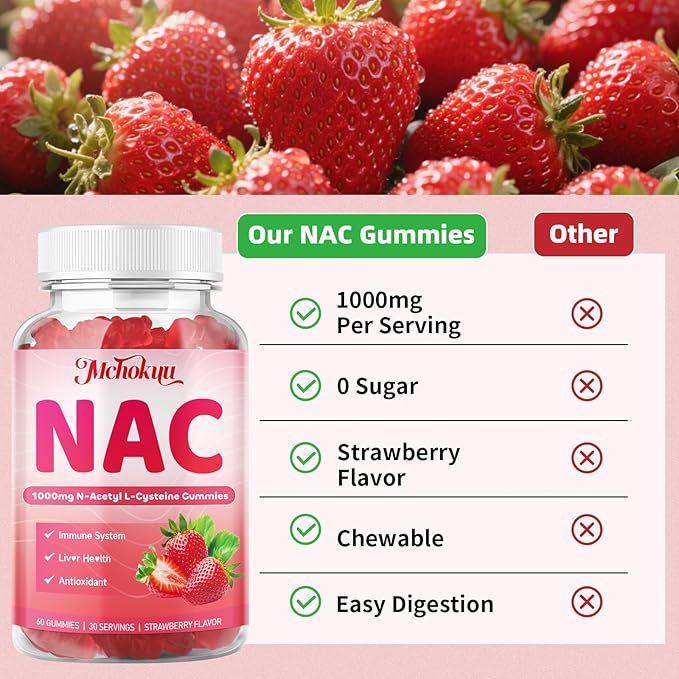 NAC Gummies for Adults & Kids 1000mg Per Serving, NAC Supplement N-Acetyl Cysteine for Immune, Glutathione & Antioxidant Support, Sugar-Free Vegan Strawberry Flavor, 120 Count