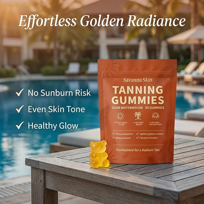 tebazoew Savanna Skin Tanning Gummies, with Astaxanthin, Beta-Carotene, Lycopene & Vitamins, Radiant Healthy Skin Natural Looking Glow, Bronzing, Non-GMO & Vegan