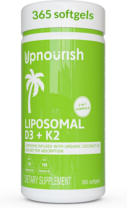 UpNourish Liposomal D3 K2 MK-7 – 365 Mini softgels with Organic Coconut Oil - 5000 IU 125 mcg Vitamin D3 and 100 mcg Vitamin k2 for Optimal Bone and Immune Health