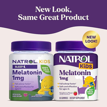 Natrol Kids Melatonin Gummies 1mg, Children's Melatonin for Restful Sleep, 60 Raspberry-Flavored Sleep Gummies, 60 Day Supply