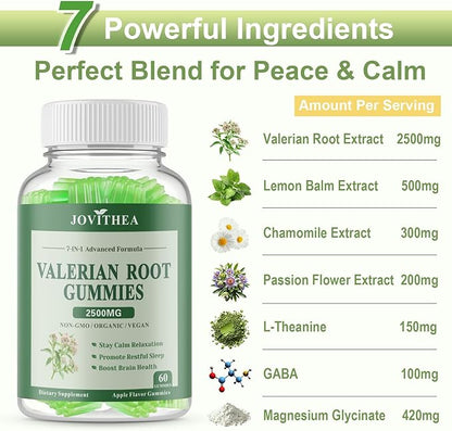 Organic Valerian Root Gummies, Herbal Supplements for Calm & Relaxation, Natural Sleep Support for Adults & Kids, Melatonin Free, Vegan, Non-GMO, Gluten Free, Apple Flavor, 60 Count