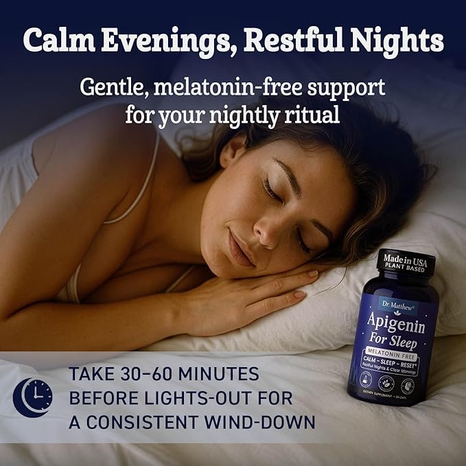 Apigenin Supplement for Sleep. Best Natural Sleep Aid Without Melatonin for Adults. With L-Theanine & Magnesium. Plant-Based Nighttime Support. Apigenina Suplemento.