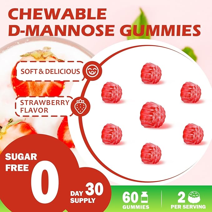 D Mannose with Cranberry Gummies, D-Mannose Supplements 1300mg for Women, Support Natural Urinary Tract & Bladder Health, Sugar-Free, 60 Count
