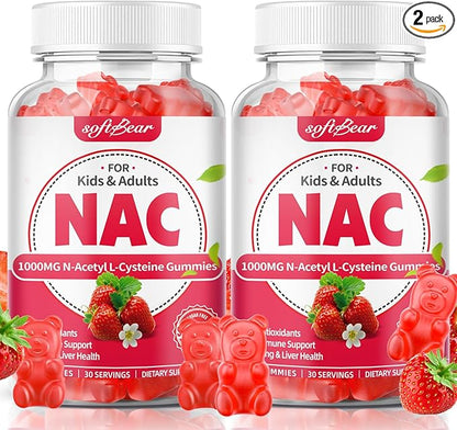 softbear 2 Pack NAC Gummies for Kids & Adults, NAC Supplement 1000mg N Acetyl Cysteine Supports Lung & Liver Health, Antioxidants & Immune System, Strawberry Flavor 120 Count