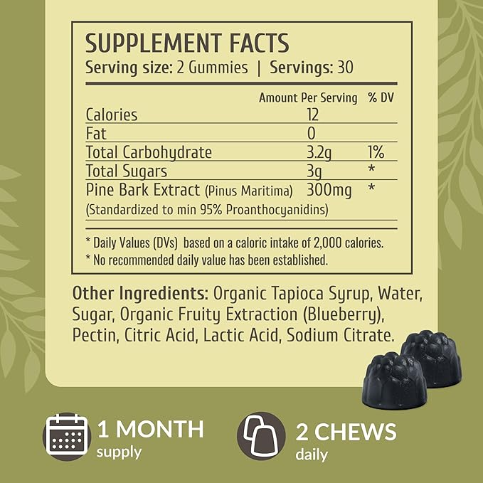 HERBAMAMA Pine Bark Extract Gummies - 300mg French Maritime Pine Bark Tree for Antioxidant Support - Vegan, Non-GMO Pinus Pinaster Supplement - 60 Pectin-Based Blueberry-Flavored Chews