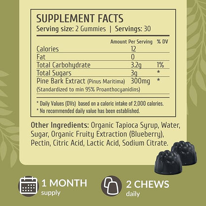 HERBAMAMA Pine Bark Extract Gummies - 300mg French Maritime Pine Bark Tree for Antioxidant Support - Vegan, Non-GMO Pinus Pinaster Supplement - 60 Pectin-Based Blueberry-Flavored Chews