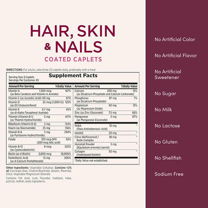 Nature's Bounty Optimal Solutions Hair, Skin & Nails Formula, with 3,000 mcg Biotin, 60 Coated Caplets, 20 Total Servings