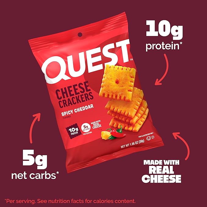 Quest Nutrition Cheese Crackers, Spicy Cheddar, 10g of Protein, Low Carb, Made with Real Cheese, Protein Snack, 4 Count