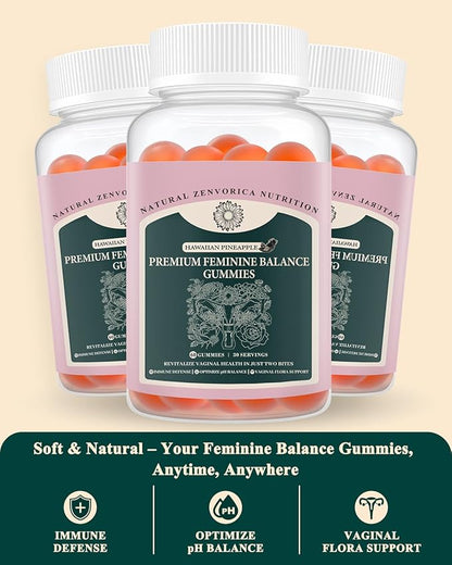 Premium Feminine Balance Gummies for Women - Hawaiian Pineapple pH Balance Probiotic Gummies for Odor and Flora Wellness, Immune Support, Vegan, 60 Count