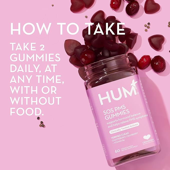 HUM Nutrition SOS PMS Gummies, PMS Support Supplement for Women, Support Cycle Symptoms, Bloating, Hormonal Balance, Includes Vitamin B6, Cranberry & Chasteberry Vitex, Gluten Free, 60 Vegan Gummies