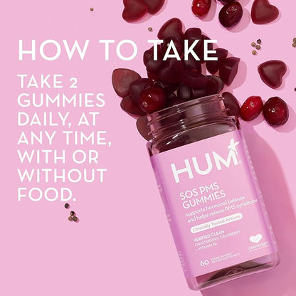 HUM Nutrition SOS PMS Gummies, PMS Support Supplement for Women, Support Cycle Symptoms, Bloating, Hormonal Balance, Includes Vitamin B6, Cranberry & Chasteberry Vitex, Gluten Free, 60 Vegan Gummies