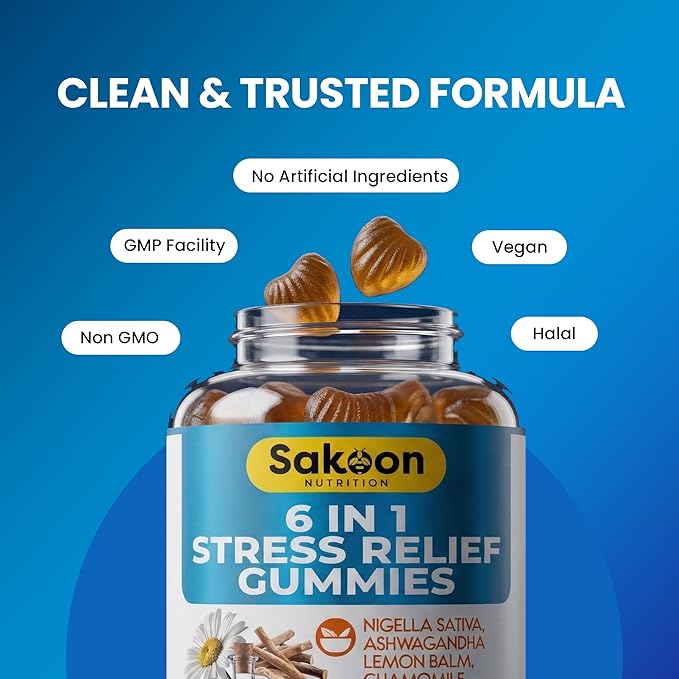6-in-1 Stress Relief Gummies 60ct - Aids Relaxation with Ashwagandha, GABA, L-theanine, Lemon Balm, Chamomile, Black Cumin Seed Nigella Sativa. Improved Deep Sleep, Joint Support - 60 gummies