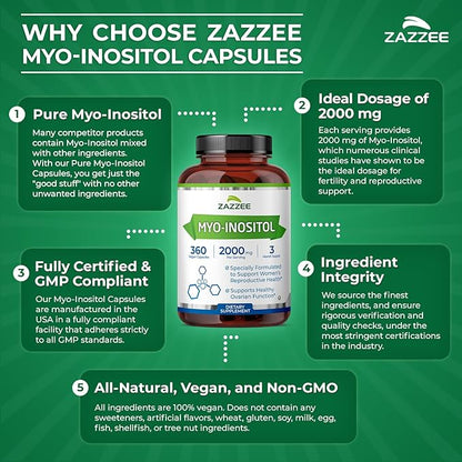 Zazzee Myo-Inositol Capsules, 2000 mg per Serving, 360 Vegan Capsules, Ideal Dosage for 40:1 Ratio, Kosher, 100% Vegetarian, Hormone Balance & Healthy Ovarian Function Support, All-Natural and Non-GMO