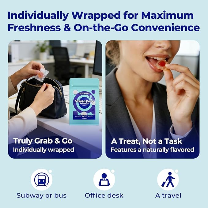 OxyEnergy Lutein Gummies for Eye Health - Lutein & Zeaxanthin, Natural Blueberry, Individually Wrapped for Freshness Vitamins Supplements for Vision Health, Eye Strain, Dry Eyes