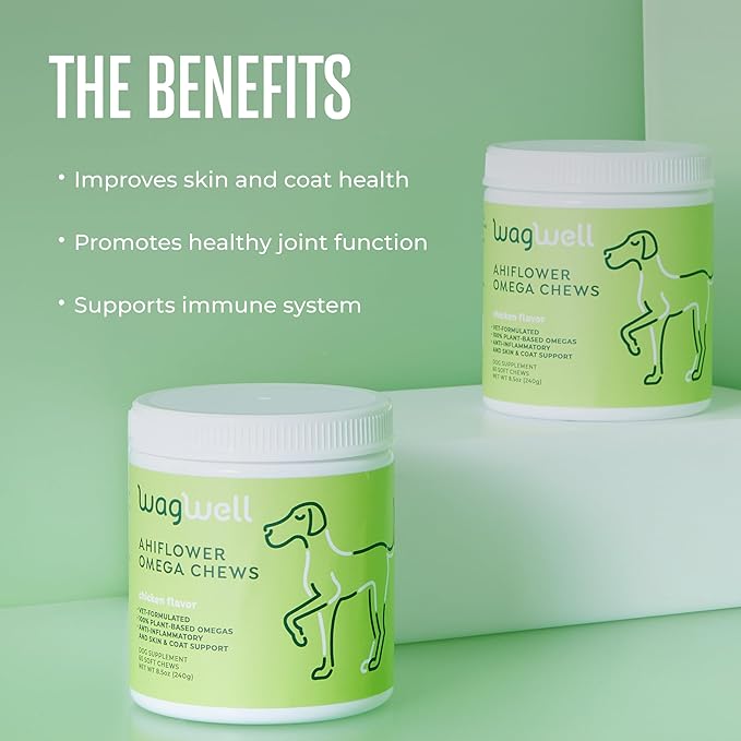 WagWell Ahiflower Omega Chews for Dogs | Vet-Formulated Health Supplement for Joints, Skin, Coat | Plant-Based Omega 3-6-9 | for Dogs of All Ages & Sizes, All Natural, Made in USA | 60 Chews