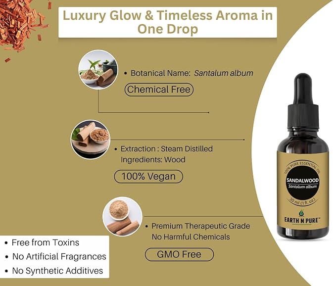 Earth N Pure Sandalwood (Chandan Oil) Essential Oil for Skin- Natural and Therapeutic Grade - 100 ml